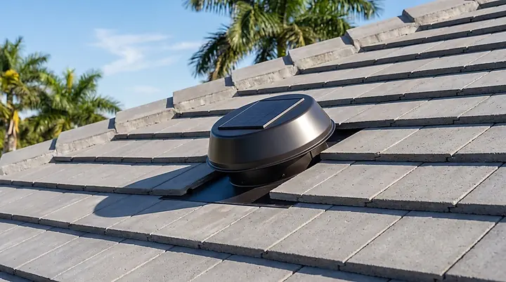 Solar-powered attic ventilation fan installed in a tile roof