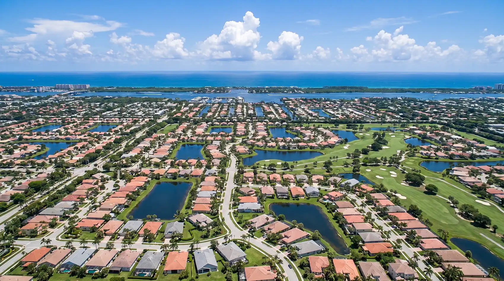 High aerial across Broward County neighborhoods toward the Intracoastal