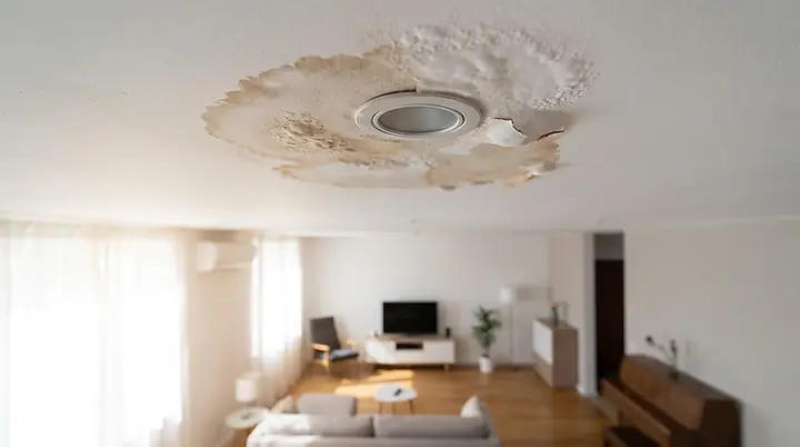 A spreading water stain on a ceiling around a light fixture