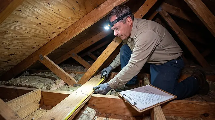 Inspector measuring roof-deck nail spacing for a wind mitigation report