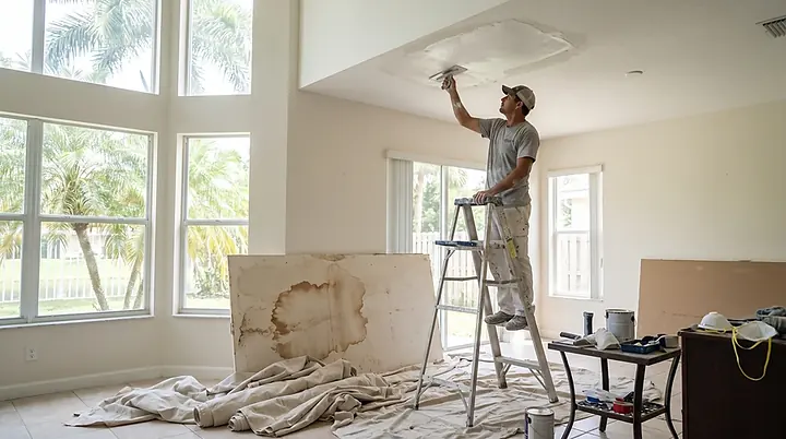 Ceiling drywall repaired and finished after a roof leak