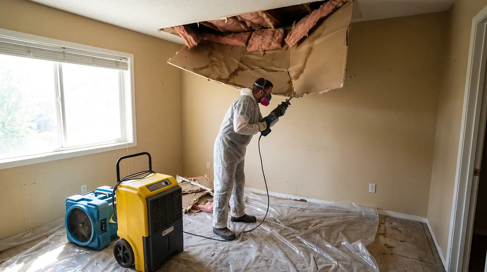 Water-damaged ceiling drywall and insulation being removed after a leak