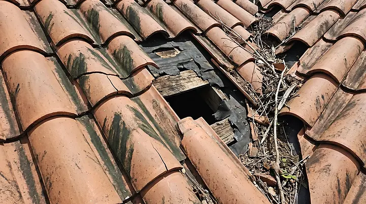 Cracked and slipped tiles exposing worn underlayment on a failing roof