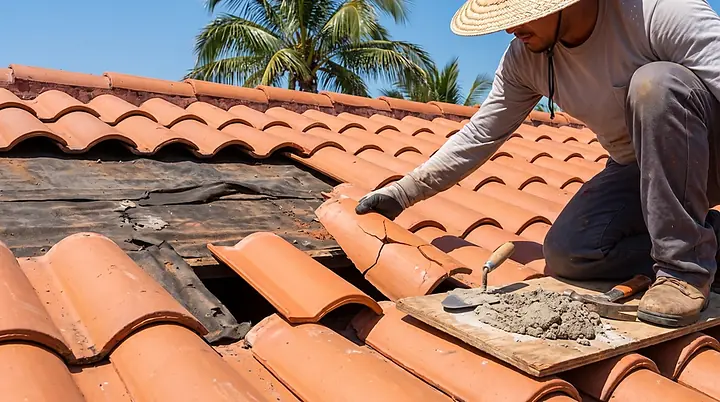 Roofer replacing a cracked barrel tile and re-securing the course
