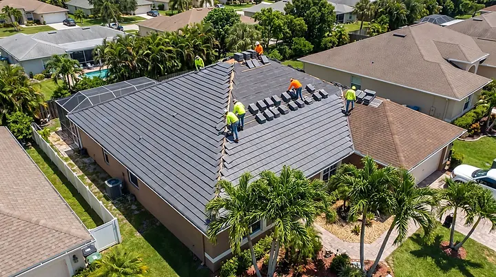 Roofing crew installing new flat tile across a South Florida hip roof