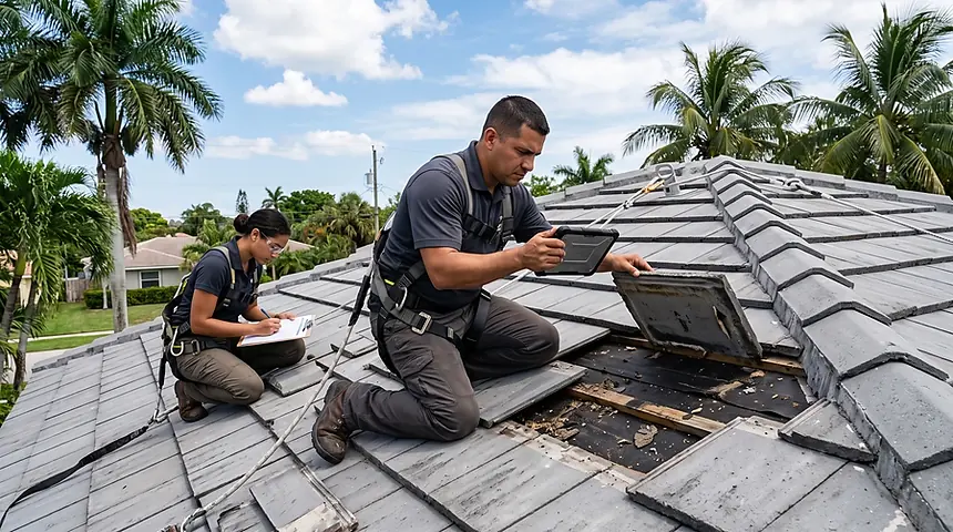 Roofer photographing a lifted tile and the underlayment during a Roof Report inspection
