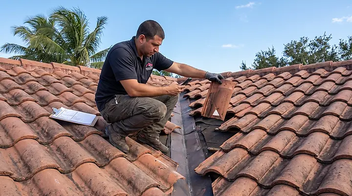 Contractor holding a cracked tile and photographing the exposed underlayment