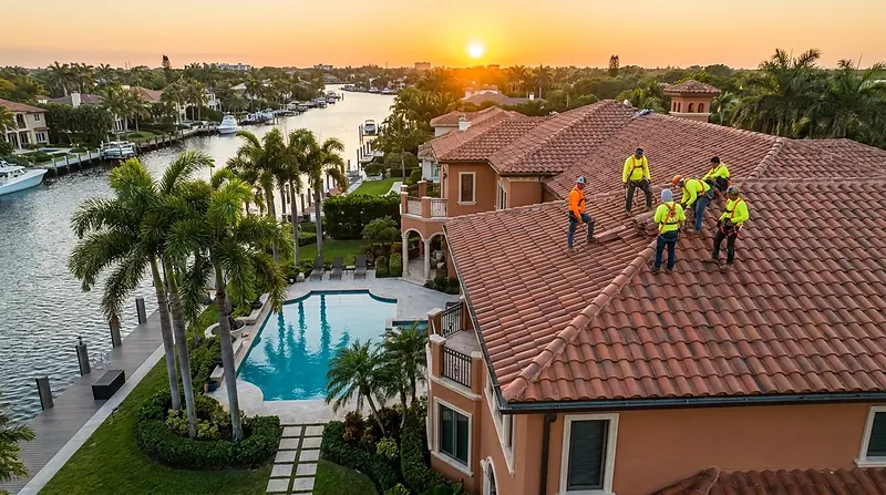 A crew working one section of a tile roof on a South Florida home