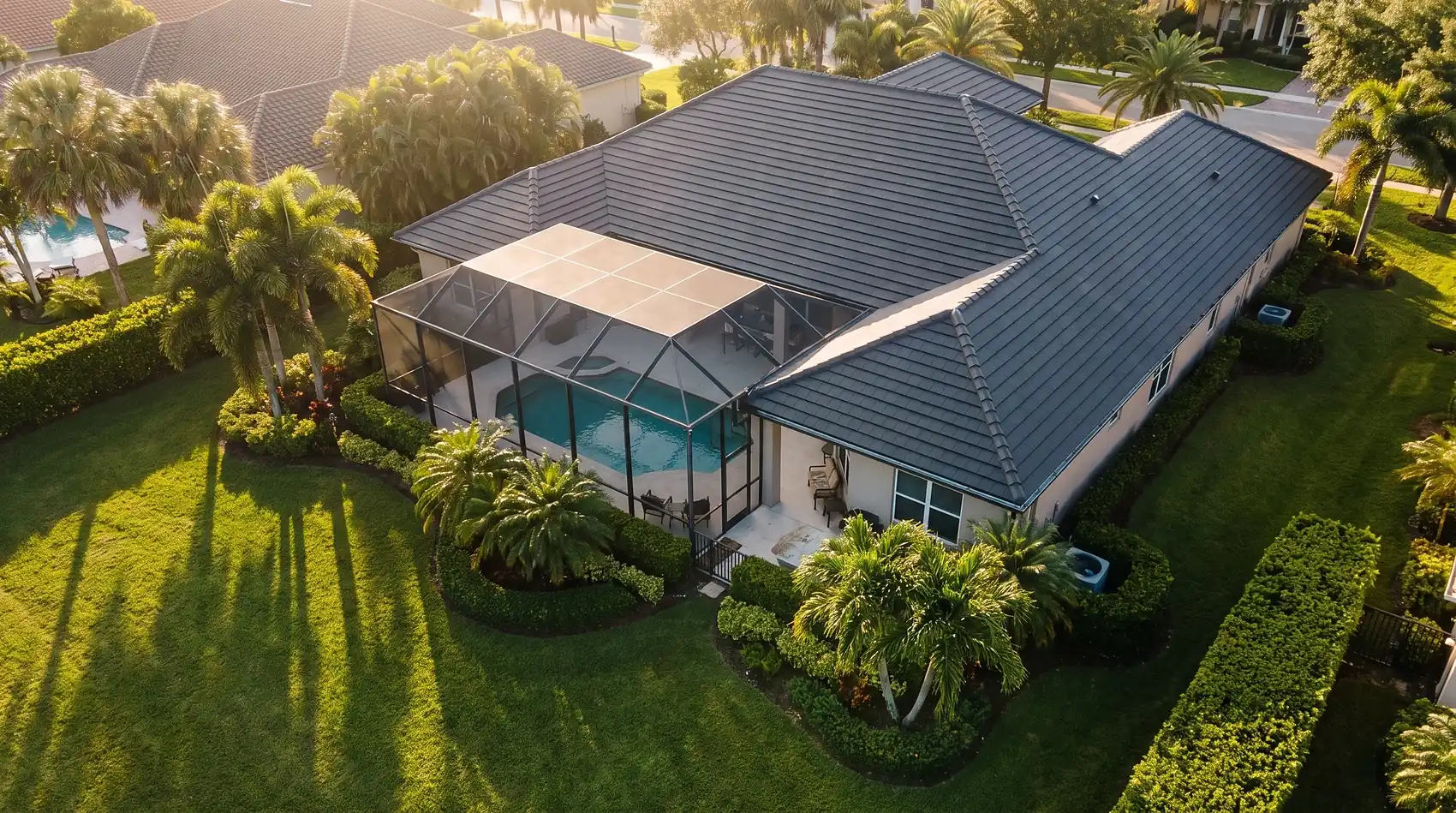 A completed charcoal flat tile roof on a South Florida home at golden hour
