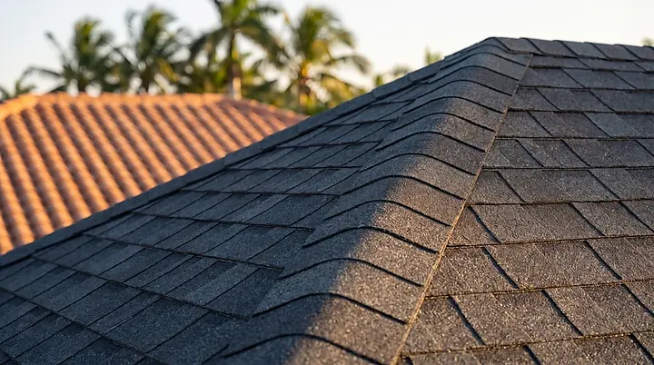 Newly installed architectural shingle roof with a clean ridge cap