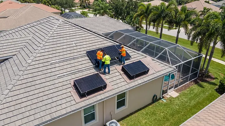Roofing crew detaching solar panels from a tile roof before a re-roof