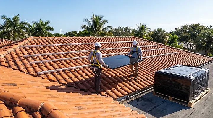 Technicians carrying solar panels off a tile roof ahead of a re-roof