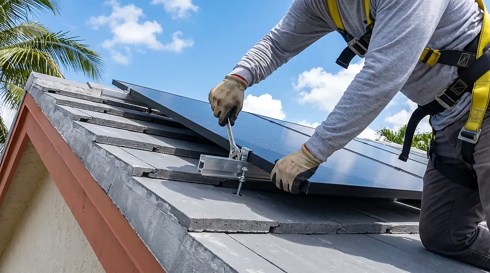 Solar array being re-set onto a brand-new tile roof