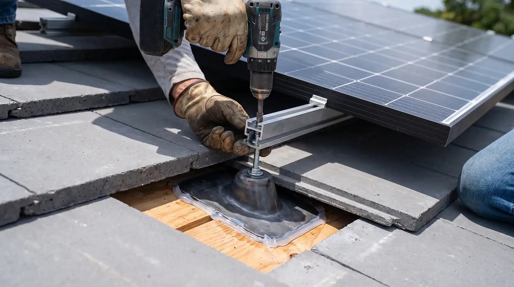 Solar racking standoff flashed and bolted into a new tile roof