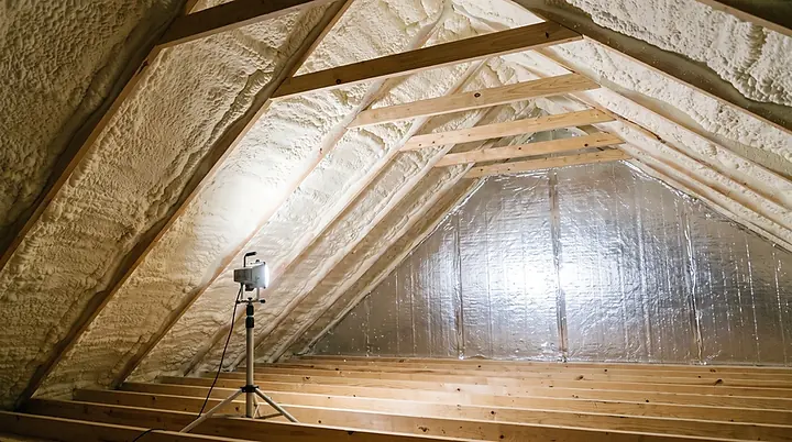 Attic with cured closed-cell spray foam under the roof deck and a radiant barrier