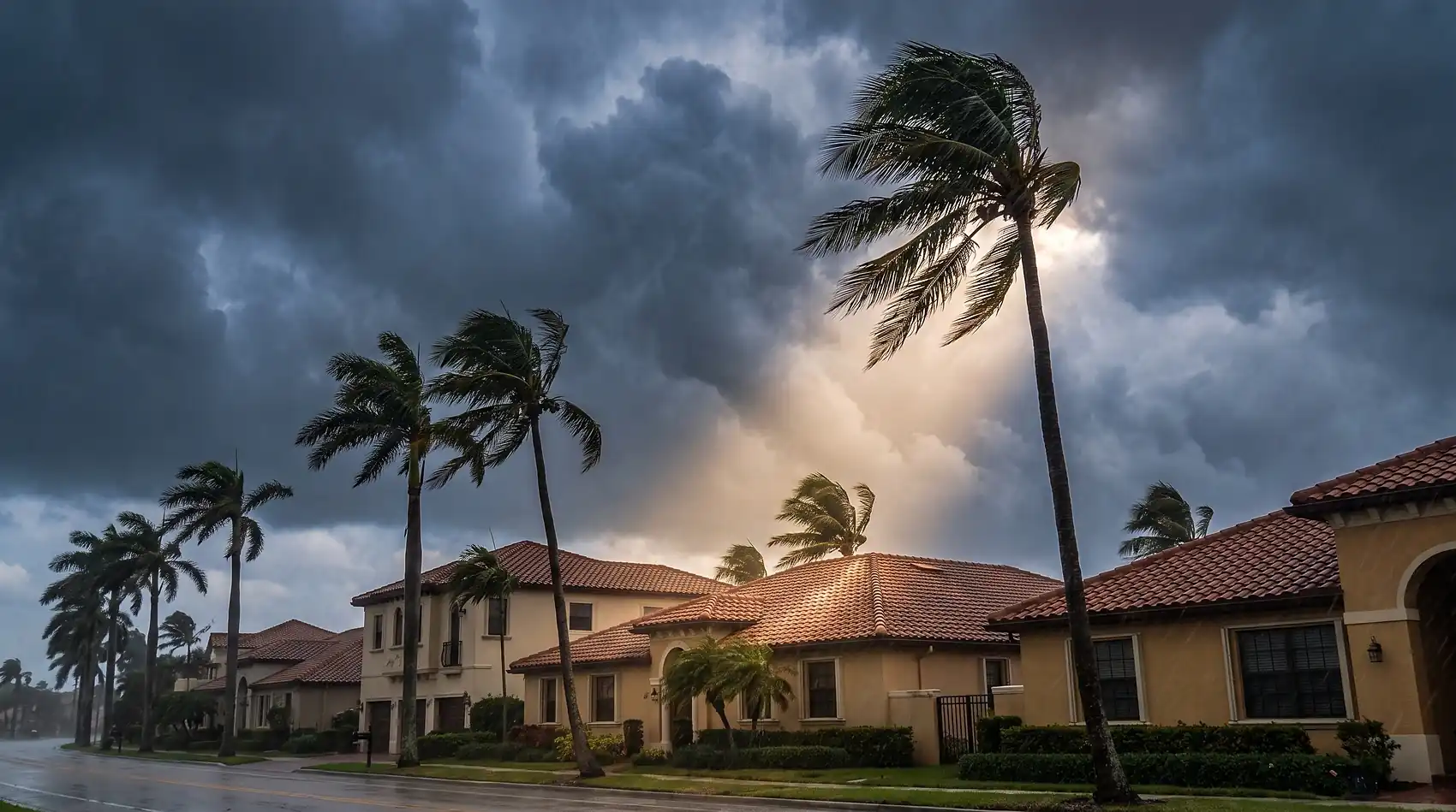 Palms bending as a hurricane squall line moves over tile rooftops