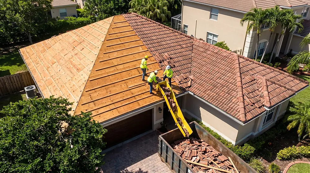 Roof stripped to bare decking mid tear-off with the crew clearing debris