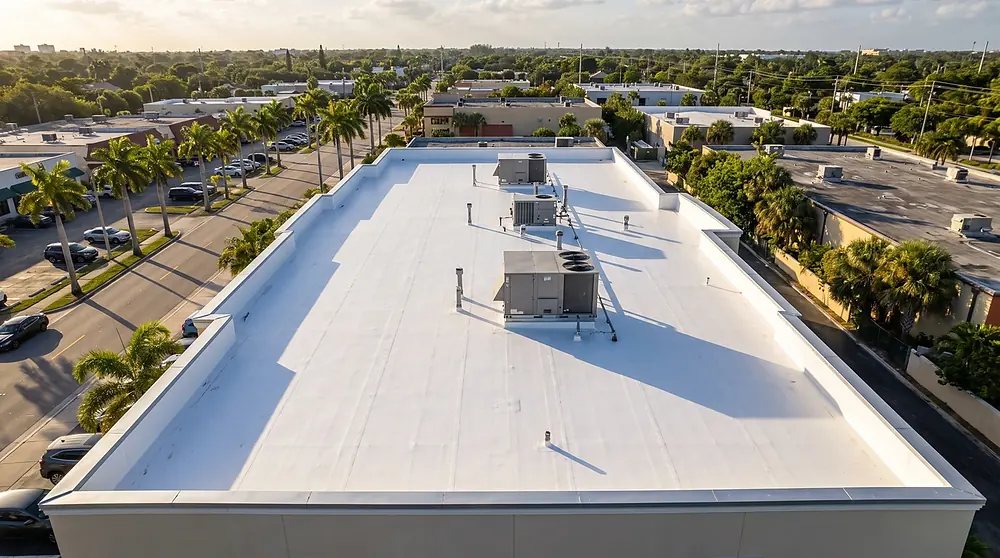 Completed white TPO flat roof on a commercial building, from the air