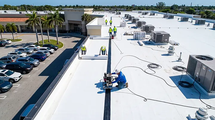 Commercial crew heat-welding white TPO membrane on a flat roof