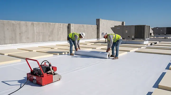 Roofers unrolling TPO membrane over tapered insulation on a commercial roof