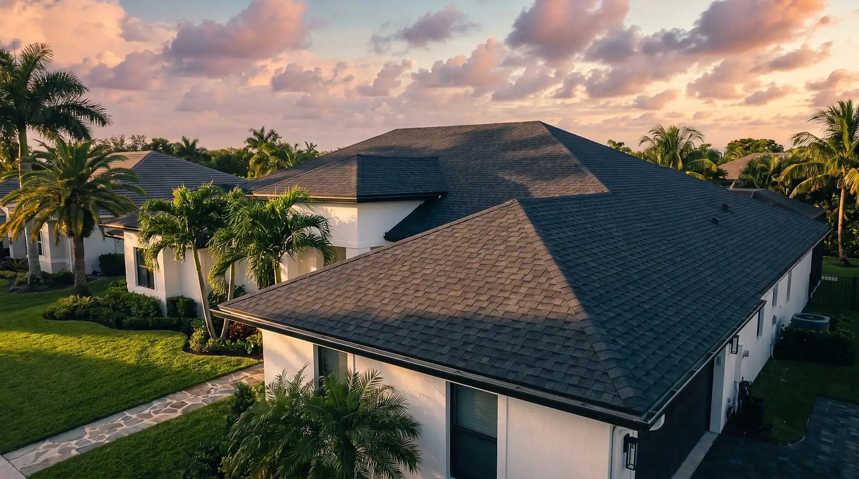 A completed roof on a South Florida home at golden hour