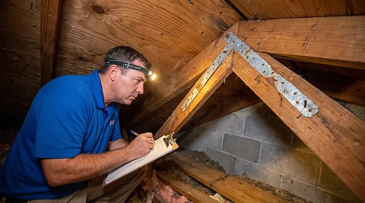 Inspector checking hurricane straps at the roof-to-wall connection