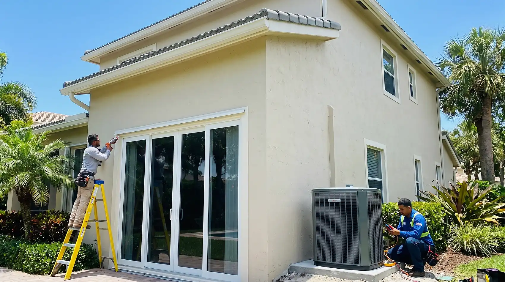 Impact-rated sliding door sealed and a new high-efficiency AC condenser connected